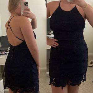 HYFVE Navy Floral Lace High Neck Open Back Dress